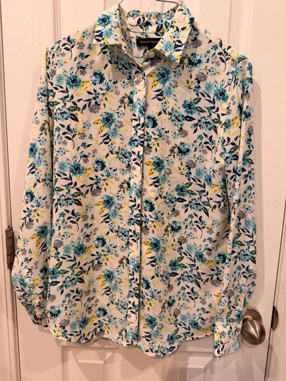 Banana Republic Floral Button-Down Shirt in White, Teal & Yellow